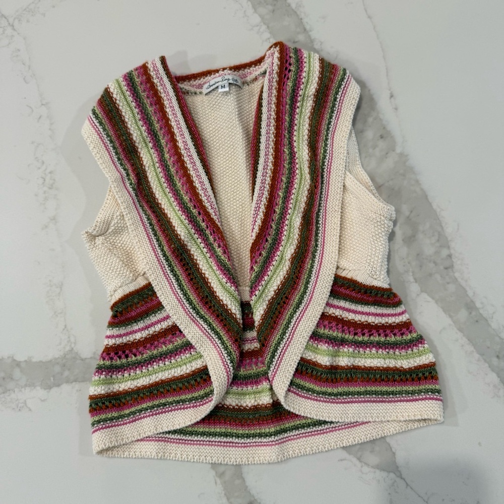American Rag Cream Sweater Vest with Pink, Green and Brown Stripes